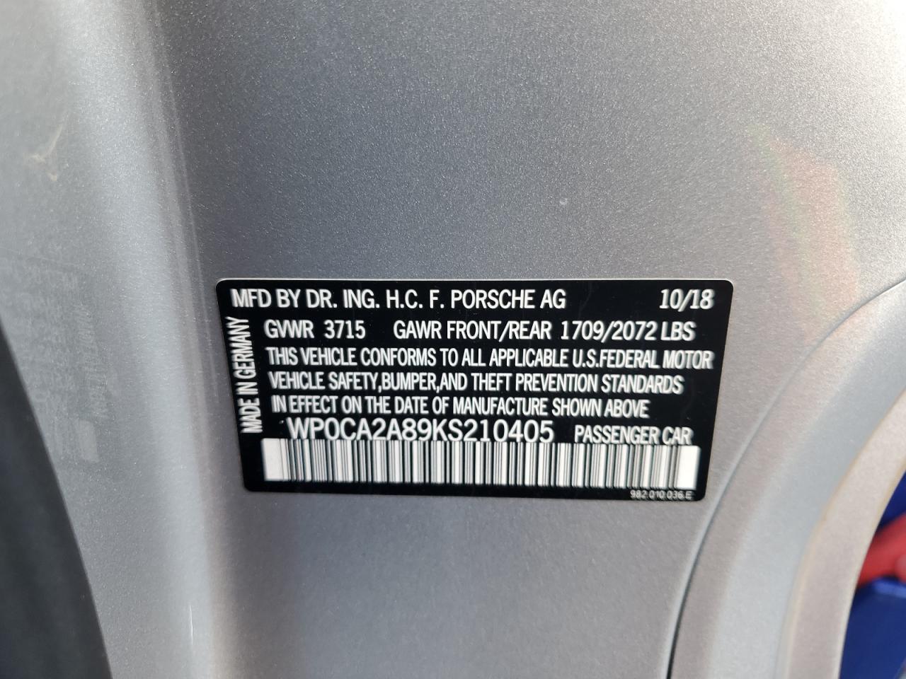 2019 Porsche Boxster VIN WP0CA2A89KS210405 Copart auction photo, water/flood damage thumbnail 12