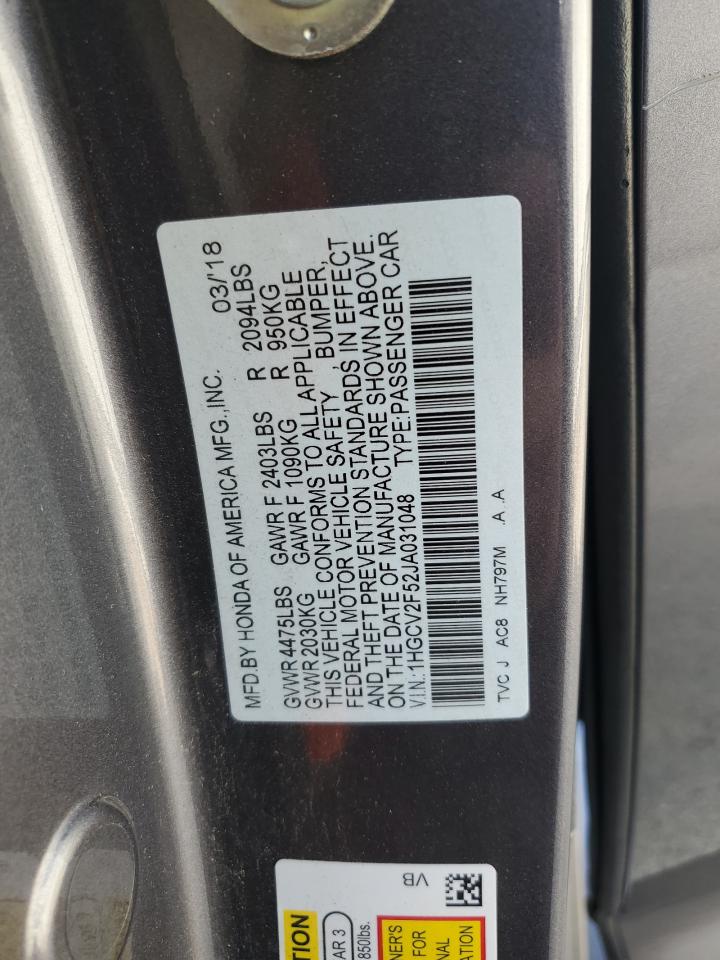 2018 Honda Accord VIN 1HGCV2F52JA031048 Copart auction photo, side / front end damage thumbnail 12