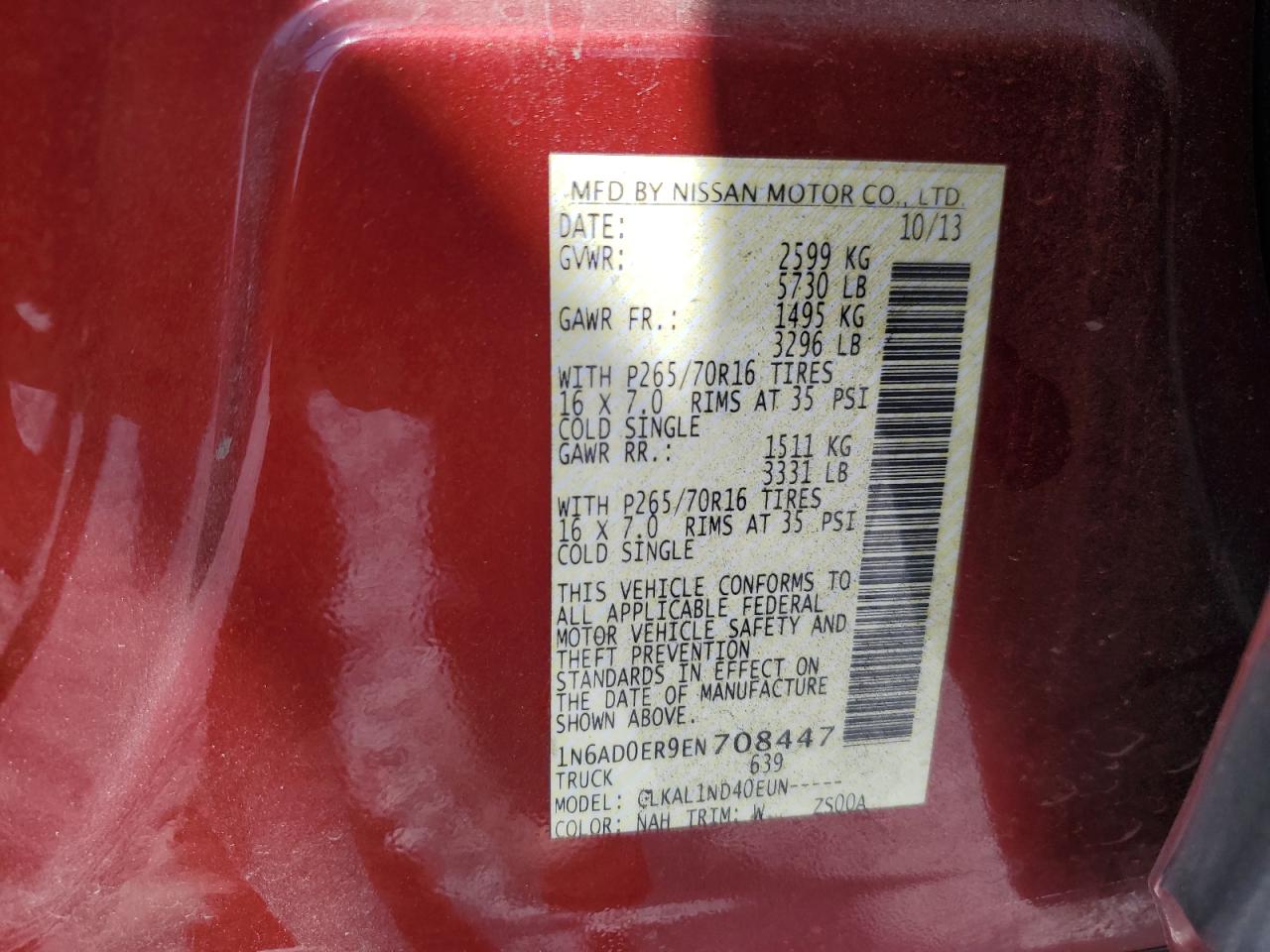 2014 Nissan Navara (Frontier) VIN 1N6AD0ER9EN708447 Copart auction photo, front end / rear end damage thumbnail 14