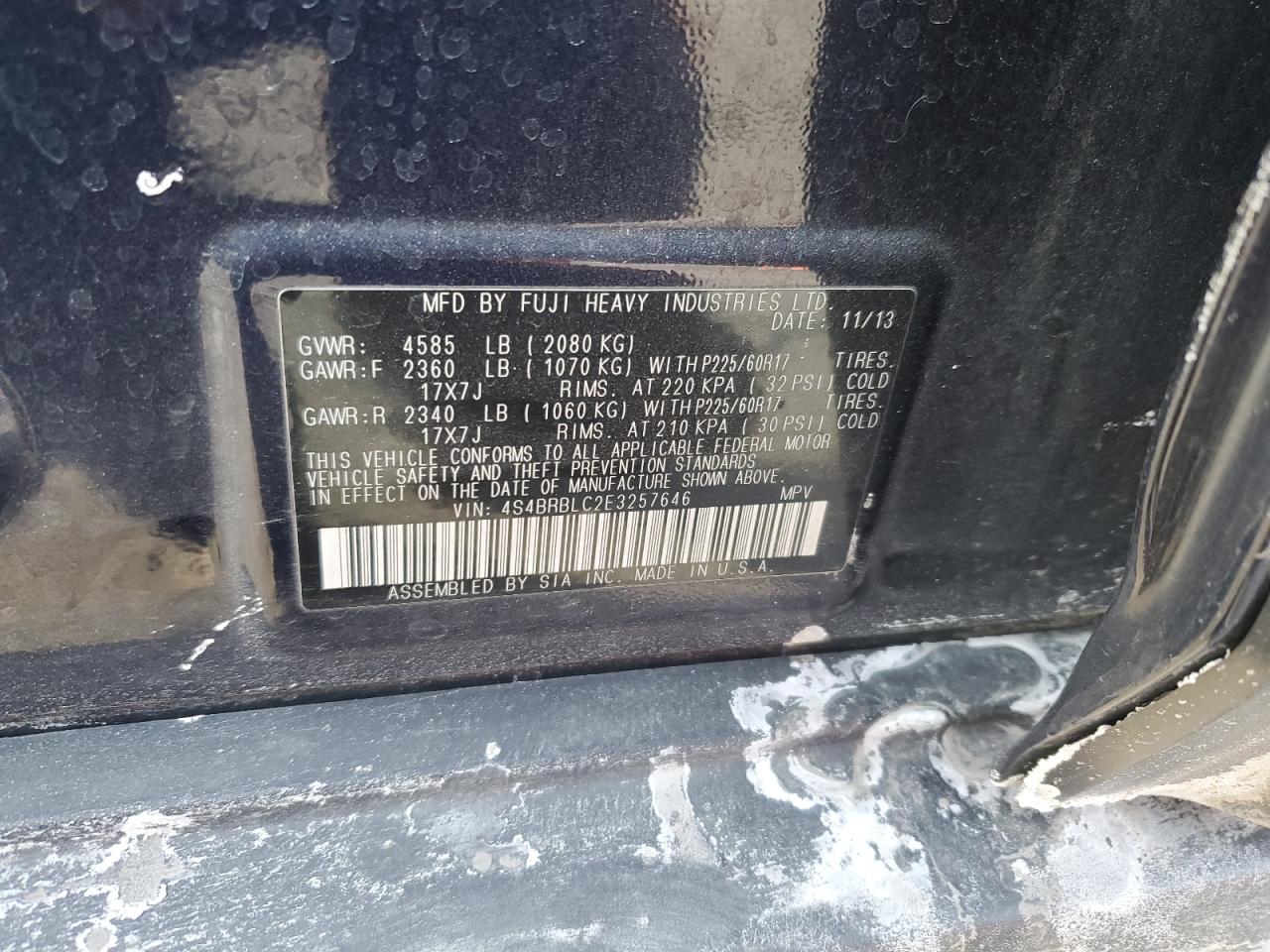 2014 Subaru Outback VIN 4S4BRBLC2E3257646 Copart auction photo, side / front end damage thumbnail 12