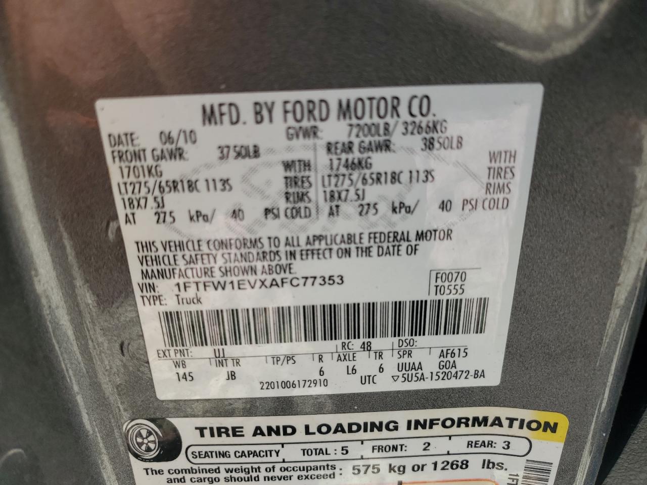 2010 Ford F-150 VIN 1FTFW1EVXAFC77353 Copart auction photo, all over damage thumbnail 13