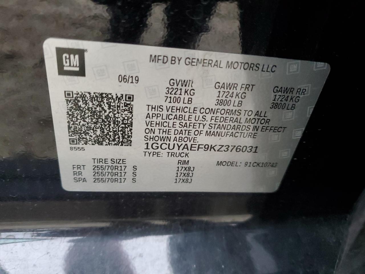 2019 Chevrolet Silverado VIN 1GCUYAEF9KZ376031 Copart auction photo, mechanical / rejected repair damage thumbnail 12