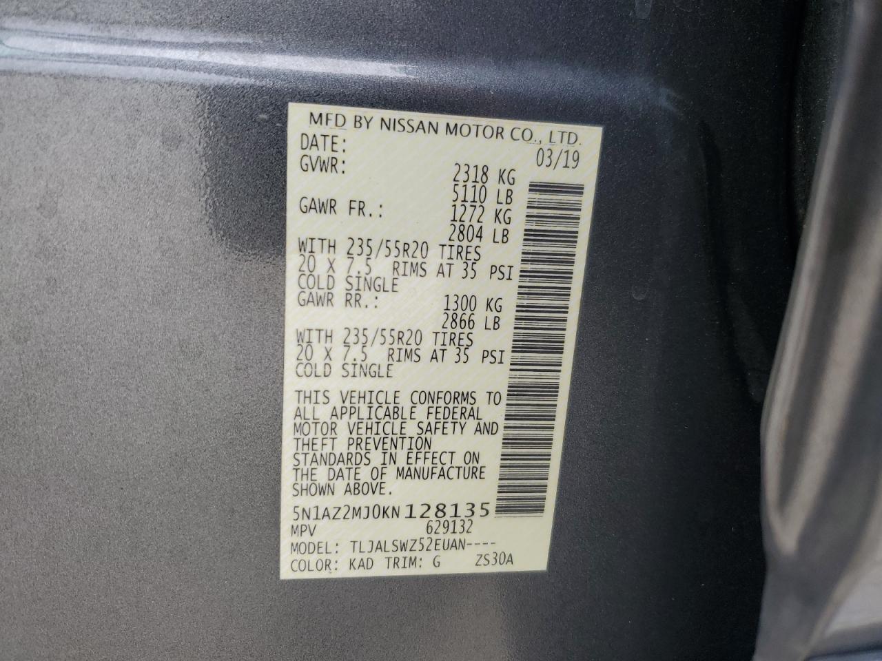 2019 Nissan Murano VIN 5N1AZ2MJ0KN128135 Copart auction photo, front end damage thumbnail 15