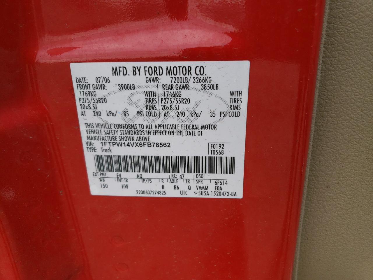 2006 Ford F-150 VIN 1FTPW14VX6FB78562 Copart auction photo, side / minor dent/scratches damage thumbnail 12