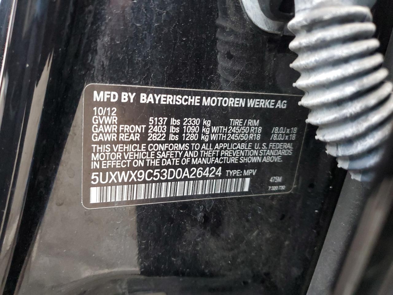 2013 BMW X3 VIN 5UXWX9C53D0A26424 Copart auction photo, biohazard/chemical / front end damage thumbnail 12