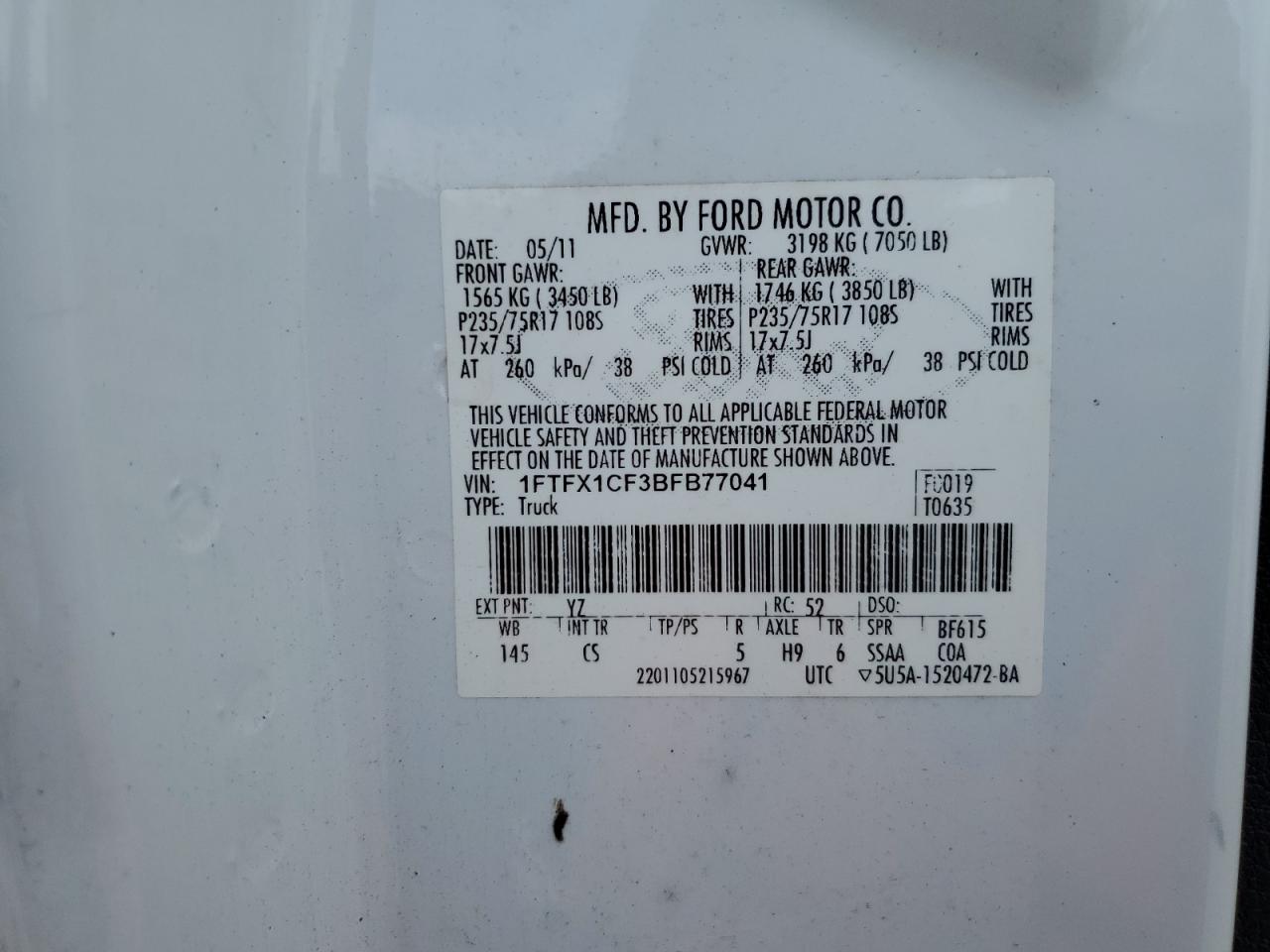 2011 Ford F-150 VIN 1FTFX1CF3BFB77041 Copart auction photo, all over damage thumbnail 13