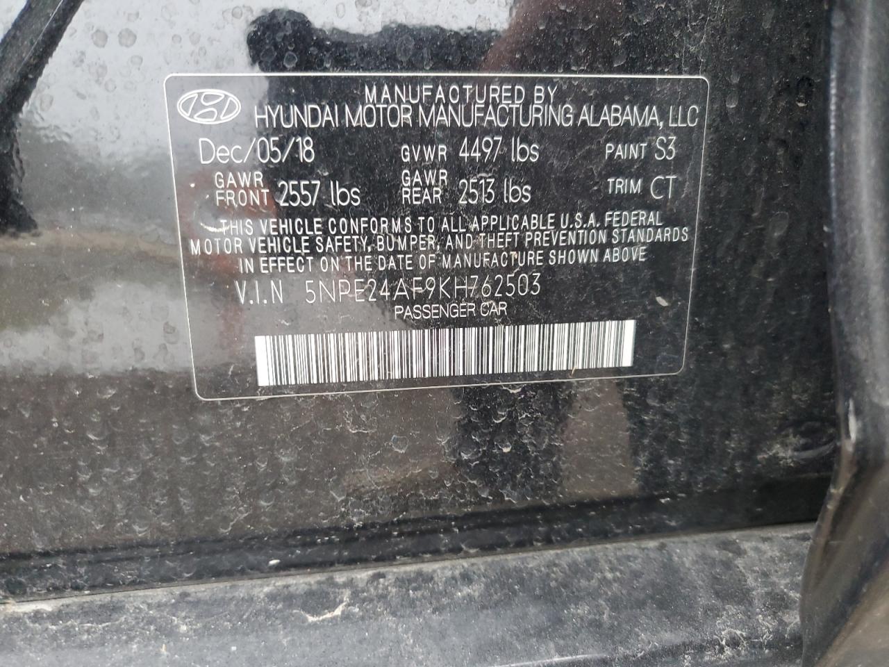 2019 Hyundai Sonata VIN 5NPE24AF9KH762503 Copart auction photo, front end damage thumbnail 12