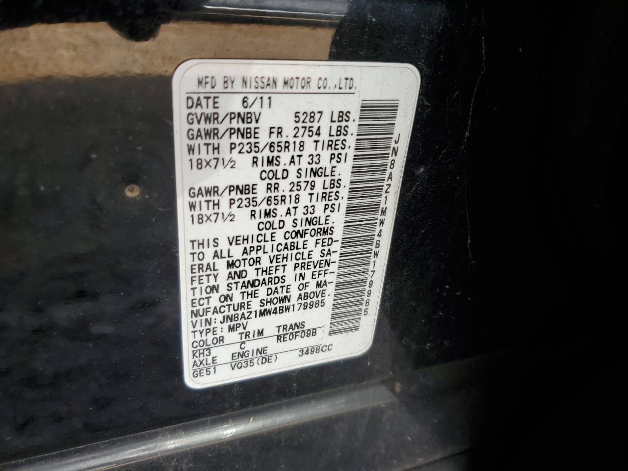 2011 Nissan Murano VIN JN8AZ1MW4BW179985 Copart auction photo, all over damage thumbnail 15