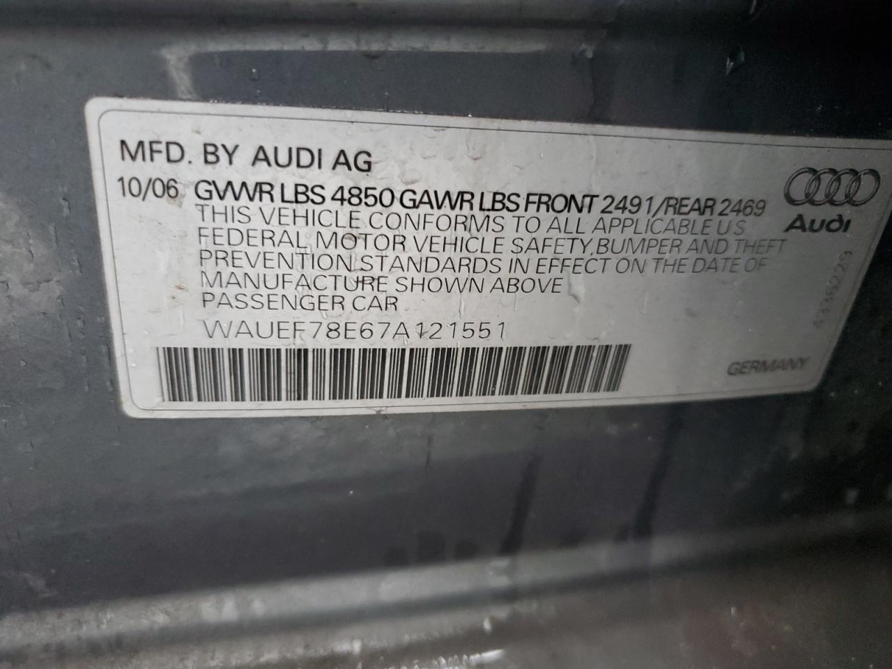 2007 Audi A4 VIN WAUEF78E67A121551 Copart auction photo, side / rear end damage thumbnail 14