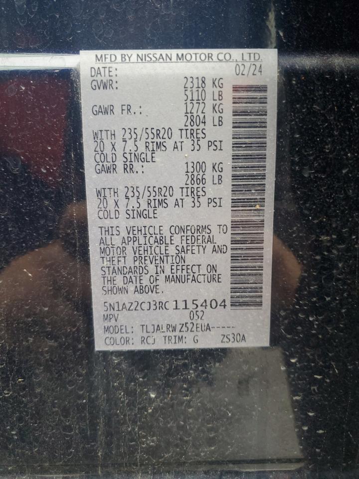 2024 Nissan Murano VIN 5N1AZ2CJ3RC115404 Copart auction photo, front end damage thumbnail 14