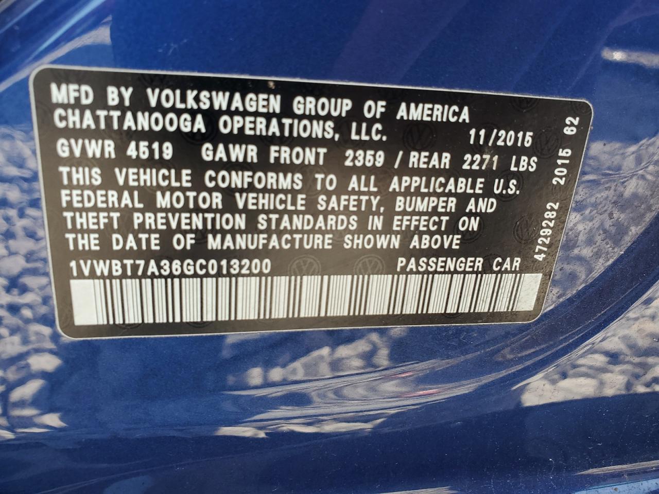 2016 Volkswagen Passat VIN 1VWBT7A36GC013200 Copart auction photo, front end / rear end damage thumbnail 12