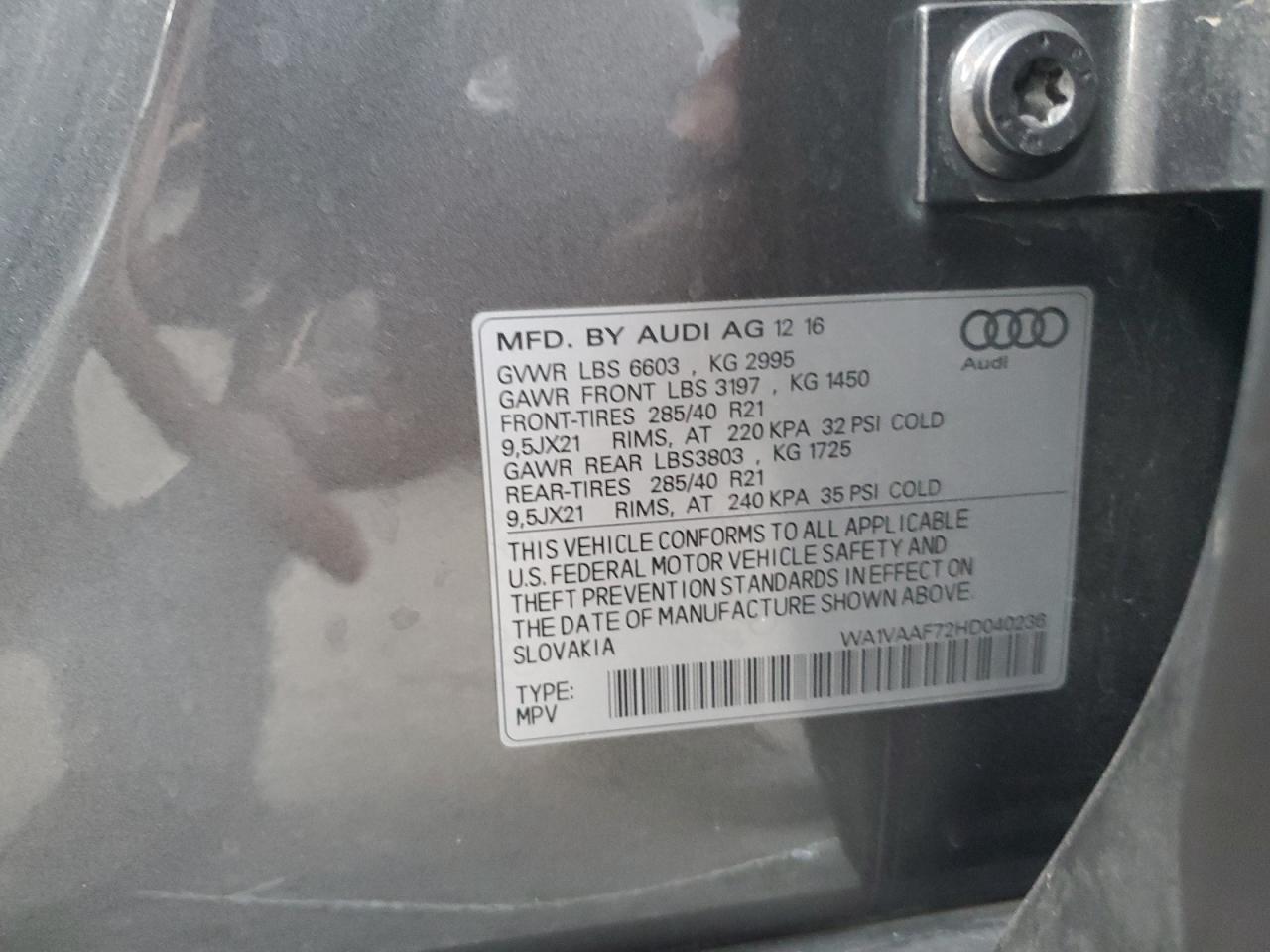 2017 Audi Q7 VIN WA1VAAF72HD040236 Copart auction photo, minor dent/scratches damage thumbnail 13