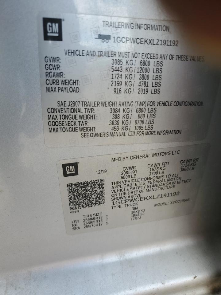 2020 Chevrolet Silverado VIN 1GCPWCEKXLZ191192 Copart auction photo, front end damage thumbnail 13