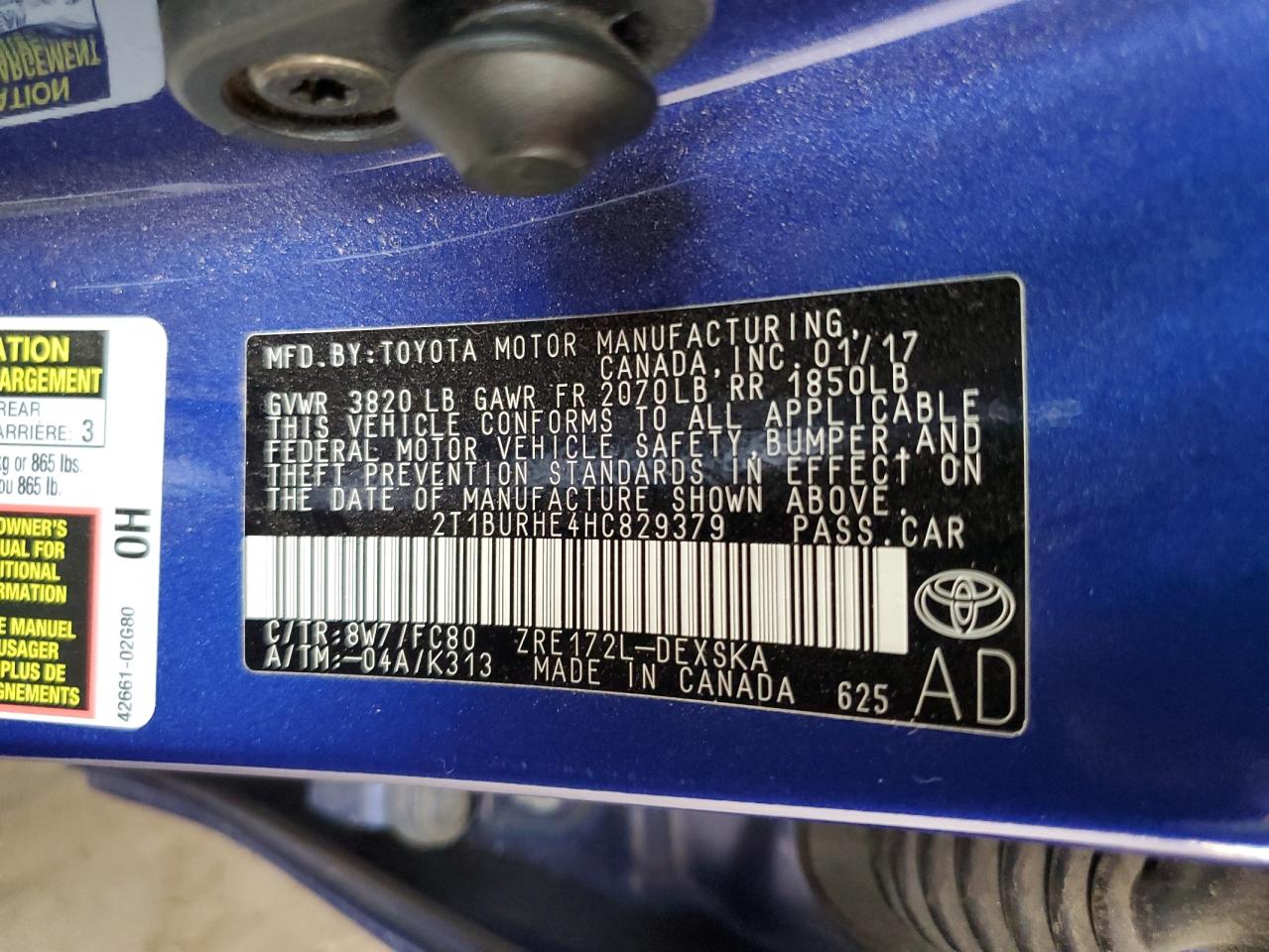 2017 Toyota Corolla VIN 2T1BURHE4HC829379 Copart auction photo, rear end damage thumbnail 12