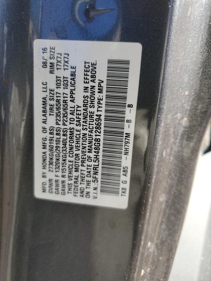 2016 Honda Odyssey VIN 5FNRL5H48GB128694 Copart auction photo, side damage thumbnail 13