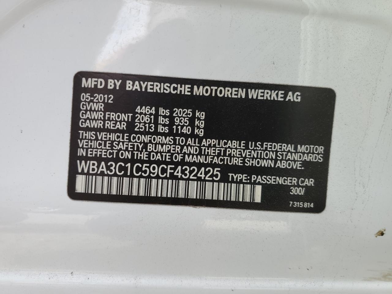 2012 BMW 3er VIN WBA3C1C59CF432425 Copart auction photo, all over damage thumbnail 12
