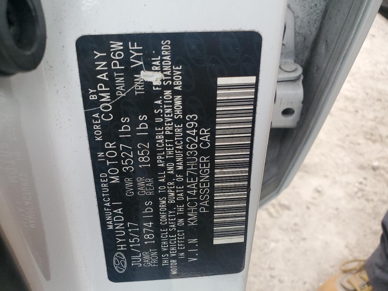 2017 Hyundai Accent VIN KMHCT4AE7HU362493 Copart auction photo, water/flood damage thumbnail 13