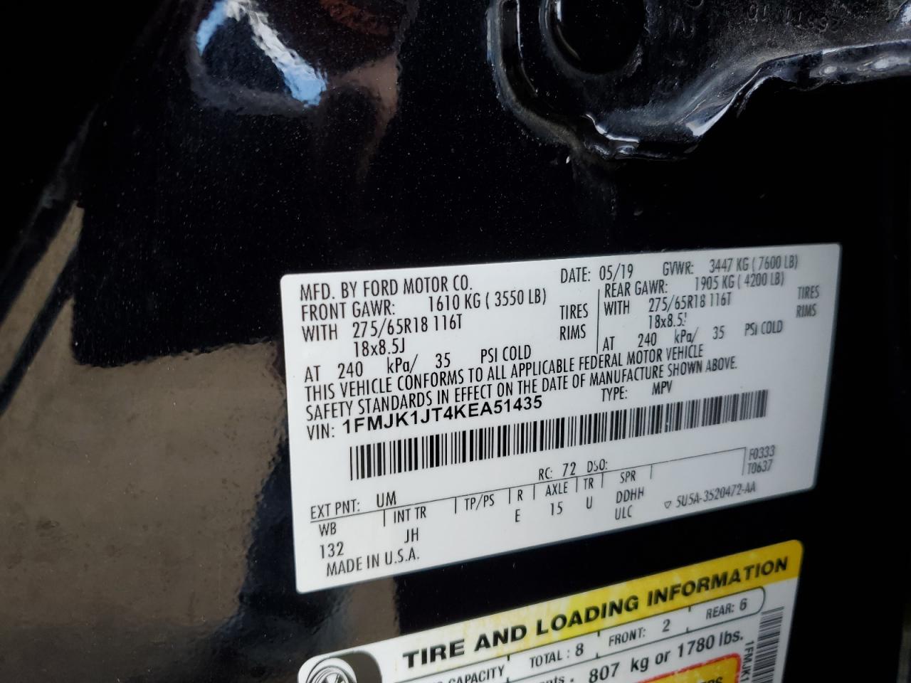 2019 Ford Expedition VIN 1FMJK1JT4KEA51435 Copart auction photo, side damage thumbnail 15
