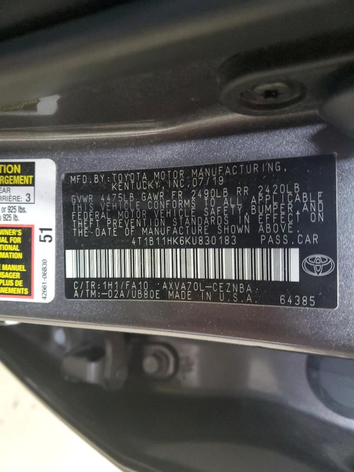 2019 Toyota Camry VIN 4T1B11HK6KU830183 Copart auction photo, front end / rear end damage thumbnail 12