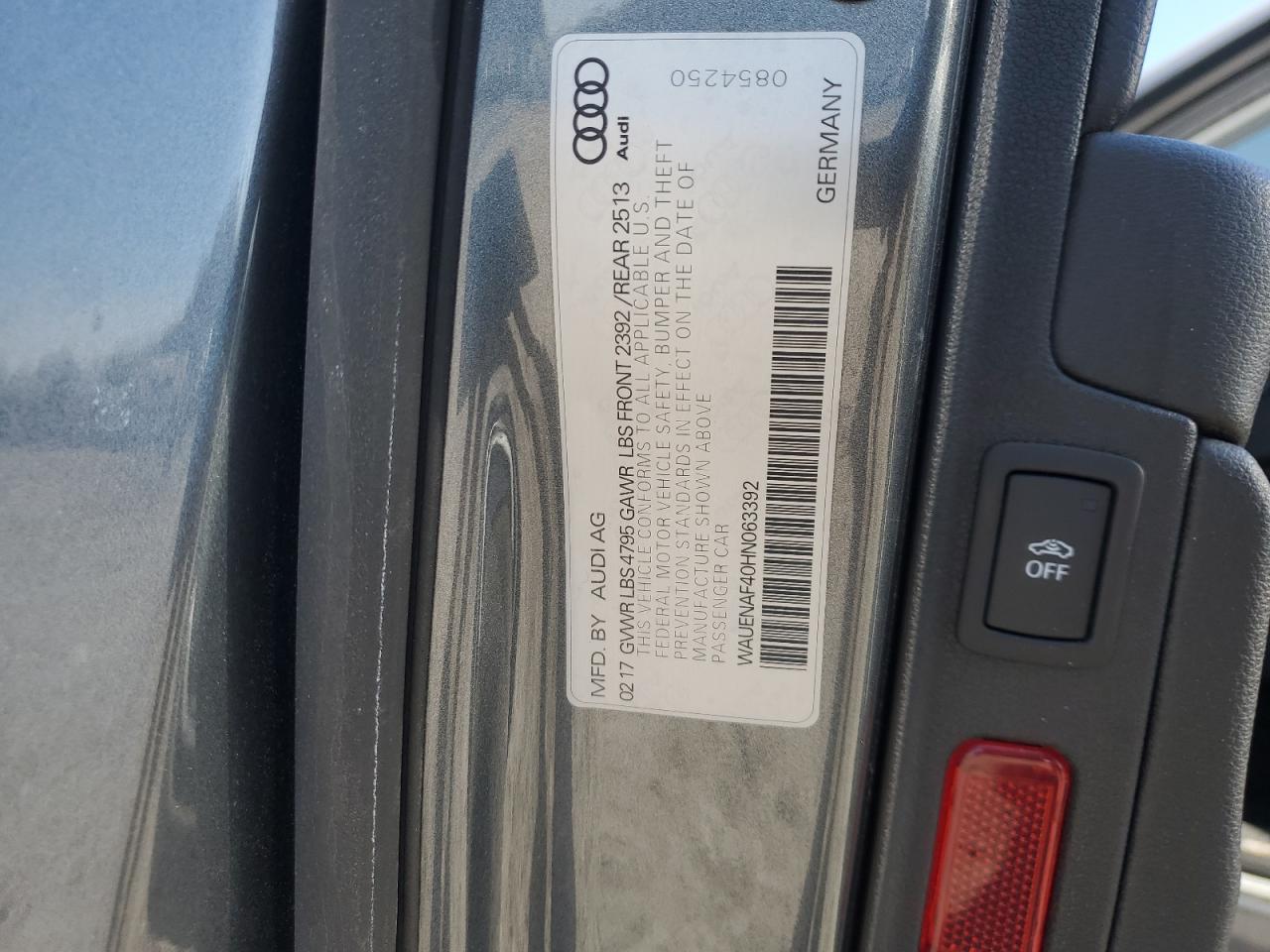 2017 Audi A4 VIN WAUENAF40HN063392 Copart auction photo, rear end / front end damage thumbnail 12