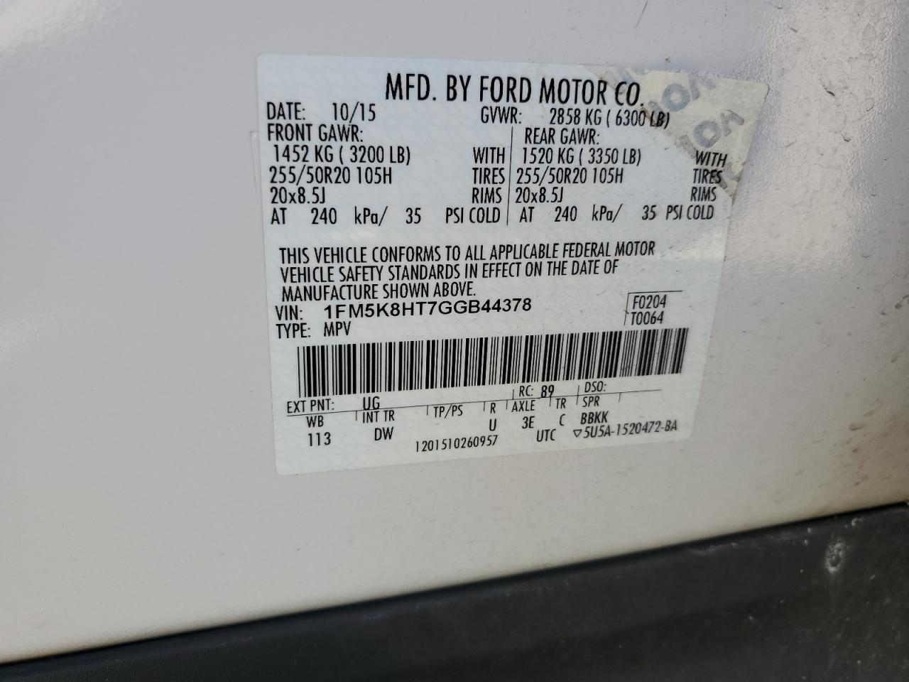 2016 Ford Explorer VIN 1FM5K8HT7GGB44378 Copart auction photo, front end / mechanical damage thumbnail 15