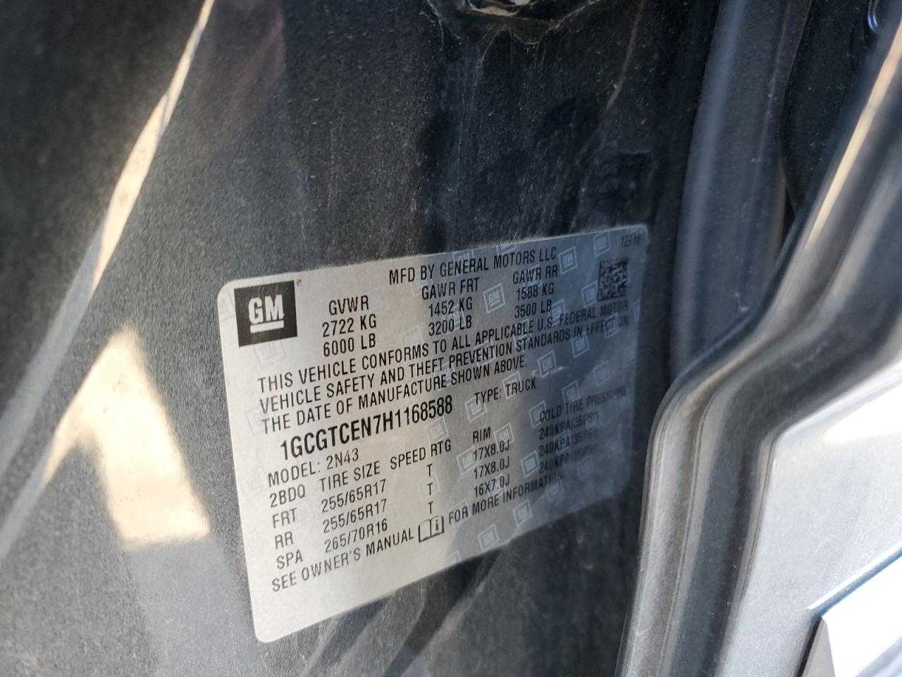 2017 Chevrolet Colorado VIN 1GCGTCEN7H1168588 Copart auction photo, front end / minor dent/scratches damage thumbnail 12