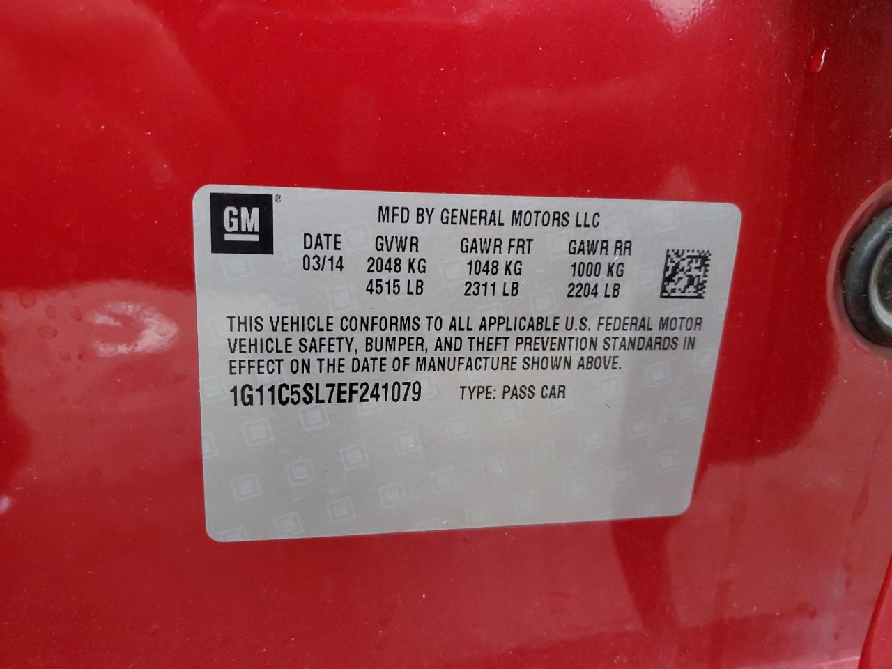 2014 Chevrolet Malibu VIN 1G11C5SL7EF241079 Copart auction photo, front end / hail damage thumbnail 15
