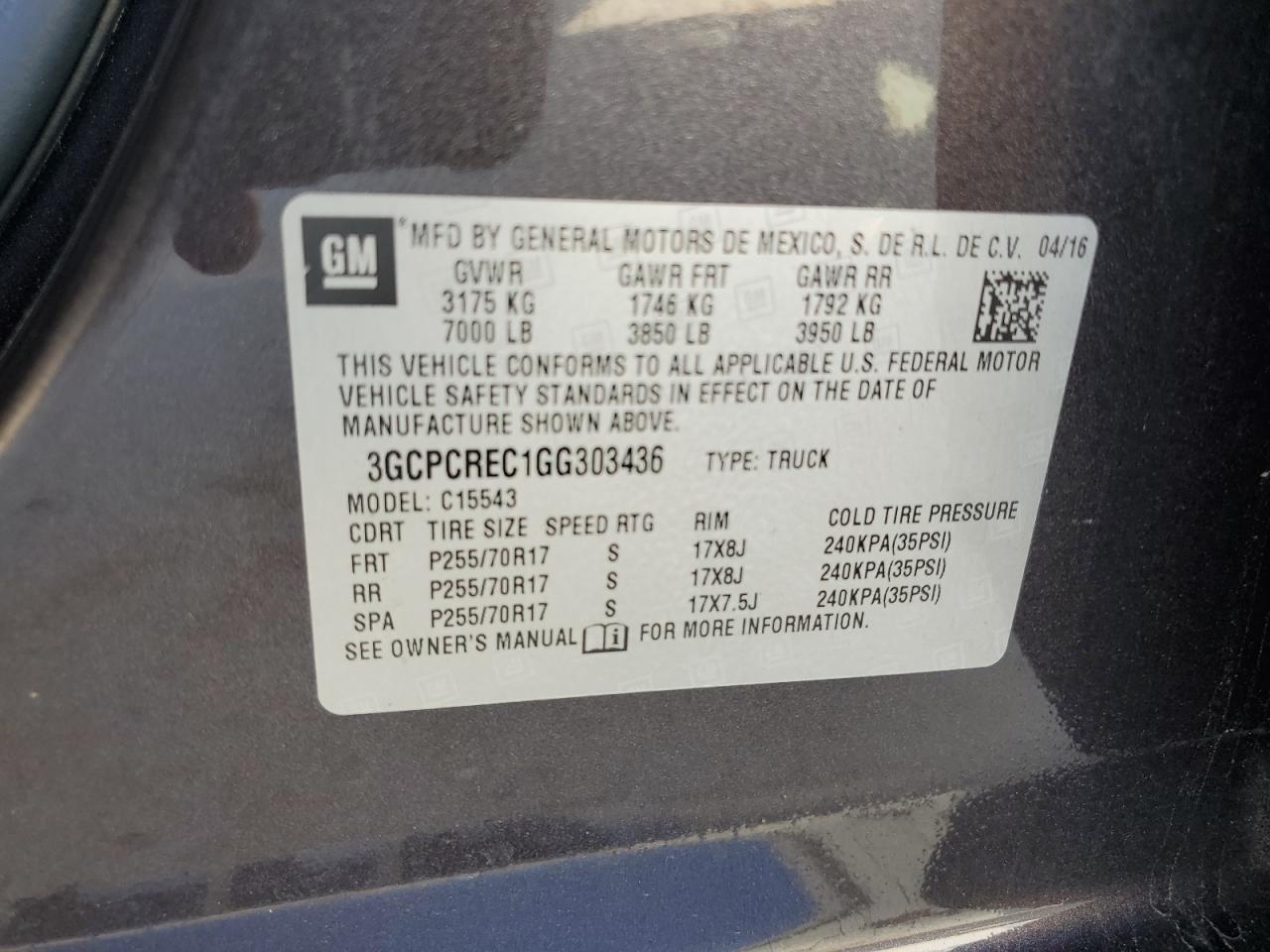 2016 Chevrolet Silverado VIN 3GCPCREC1GG303436 Copart auction photo, rear end damage thumbnail 12