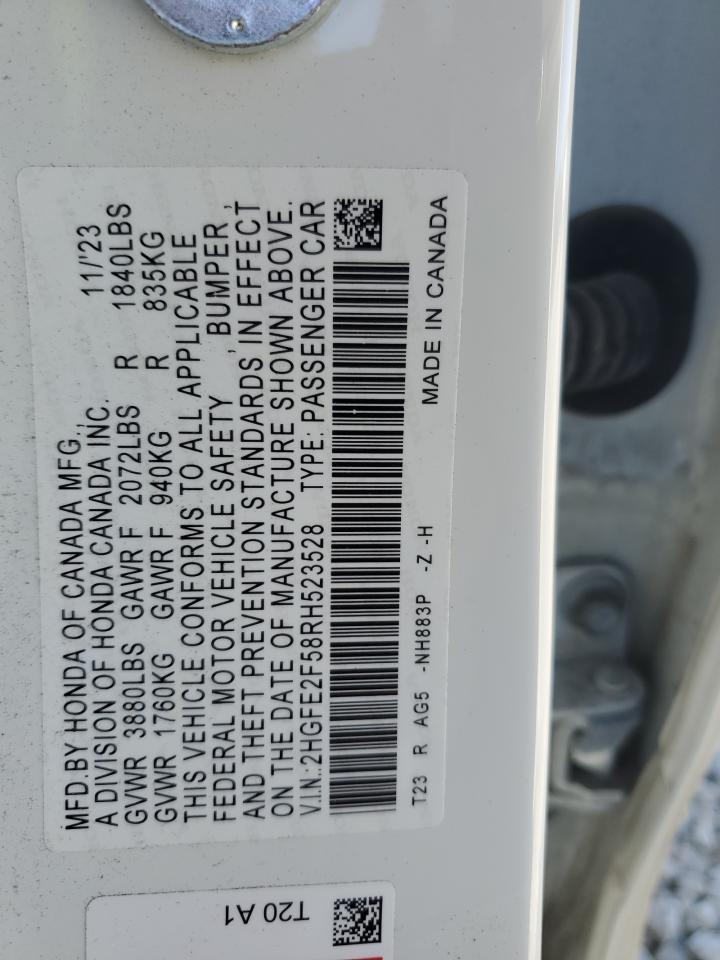 2024 Honda Civic VIN 2HGFE2F58RH523528 Copart auction photo, front end / side damage thumbnail 12