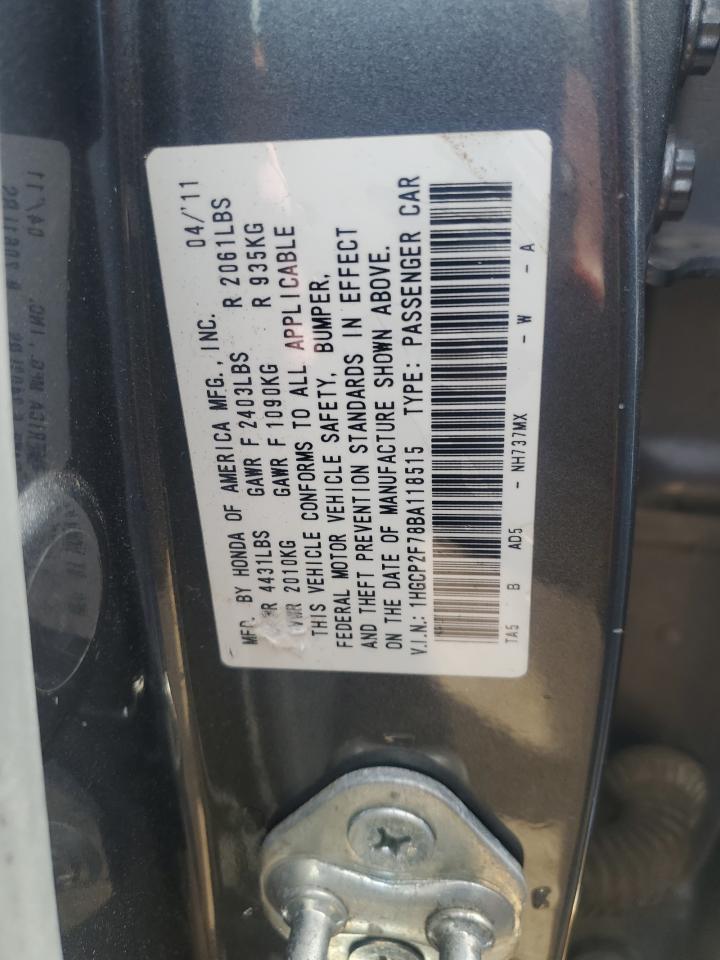 2011 Honda Accord VIN 1HGCP2F78BA118515 Copart auction photo, side damage thumbnail 12