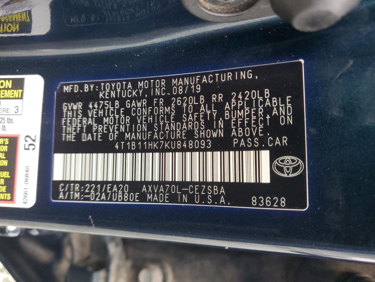 2019 Toyota Camry VIN 4T1B11HK7KU848093 Copart auction photo, front end damage thumbnail 14