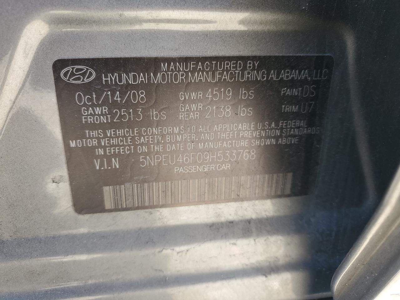 2009 Hyundai Sonata VIN 5NPEU46F09H533768 Copart auction photo, front end / minor dent/scratches damage thumbnail 14