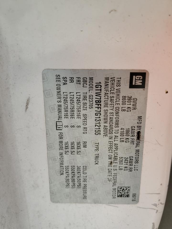 2016 GMC Savana VIN 1GTW7BFF7G1312155 Copart auction photo, front end / side damage thumbnail 15
