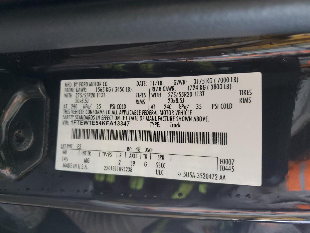 2019 Ford F-150 VIN 1FTEW1E54KFA13347 Copart auction photo, rear end / undercarriage damage thumbnail 12