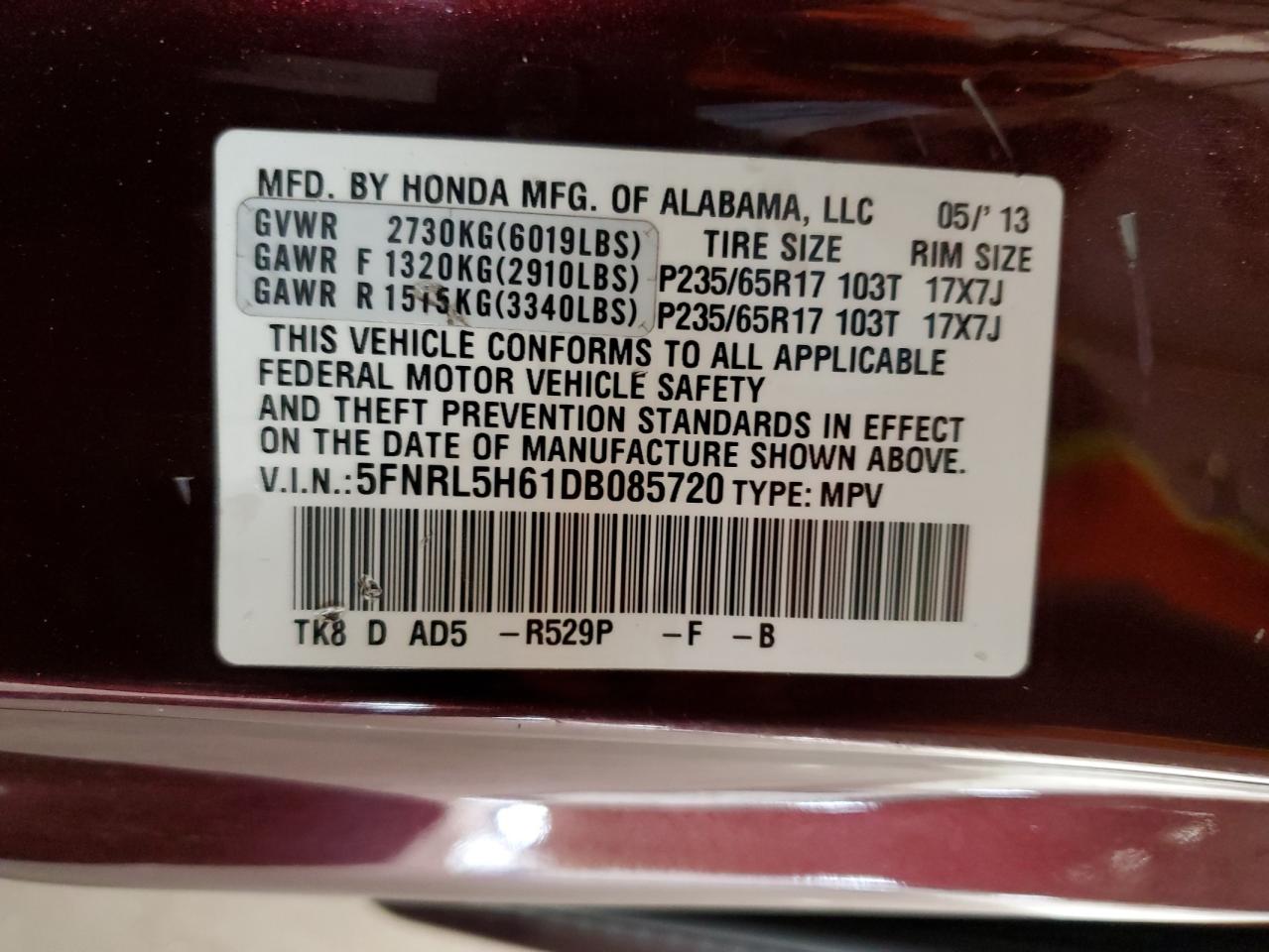 2013 Honda Odyssey VIN 5FNRL5H61DB085720 Copart auction photo, front end damage thumbnail 13
