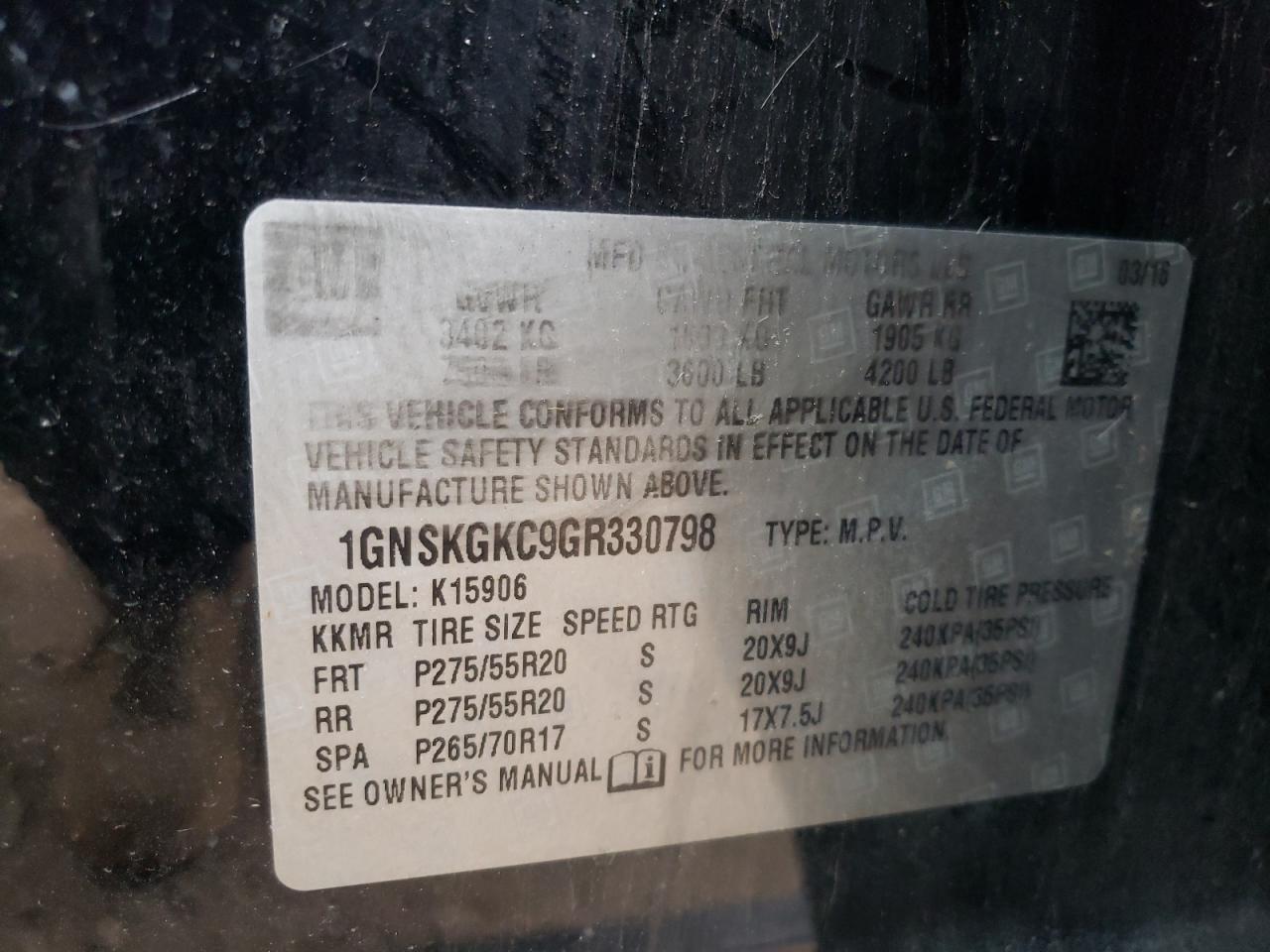 2016 Chevrolet Suburban VIN 1GNSKGKC9GR330798 Copart auction photo, all over damage thumbnail 13