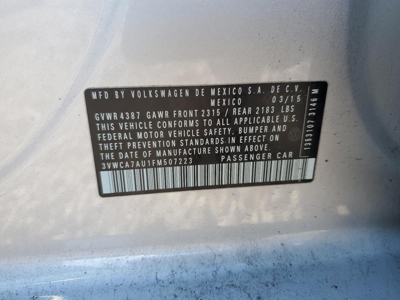 2015 Volkswagen Golf VIN 3VWCA7AU1FM507223 Copart auction photo, mechanical / front end damage thumbnail 13
