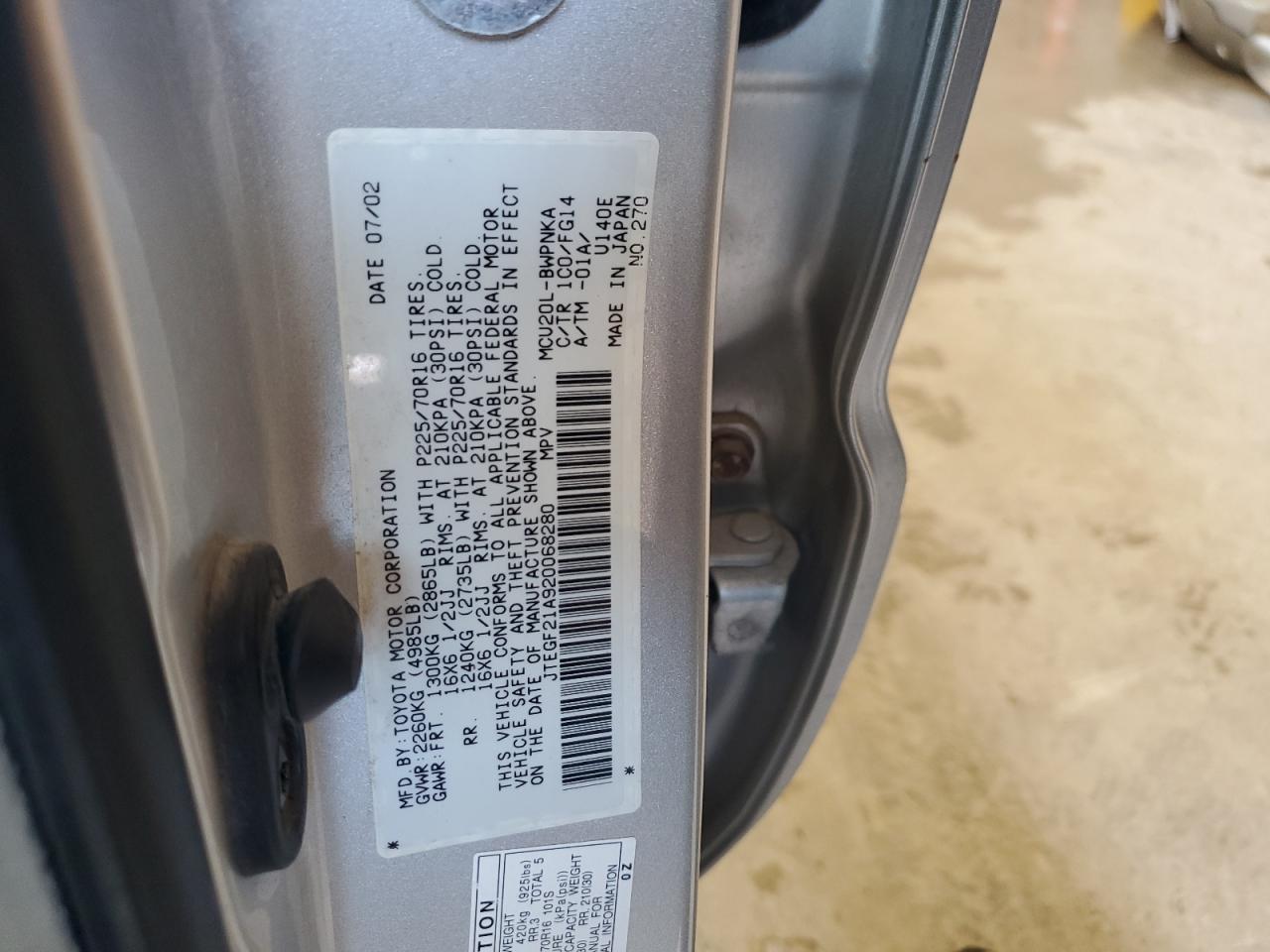 2002 Toyota Highlander VIN JTEGF21A920068280 Copart auction photo, front end / side damage thumbnail 13