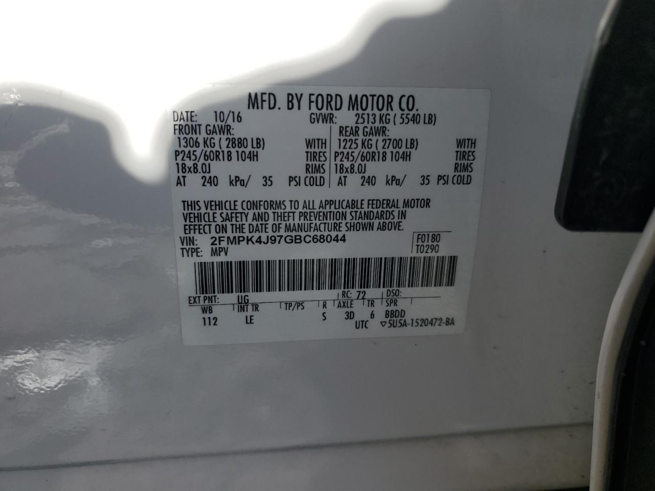 2016 Ford Edge VIN 2FMPK4J97GBC68044 Copart auction photo, front end damage thumbnail 13