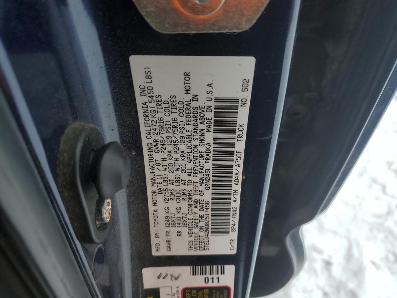 2008 Toyota Tacoma VIN 5TELU42N08Z517456 Copart auction photo, front end damage thumbnail 12
