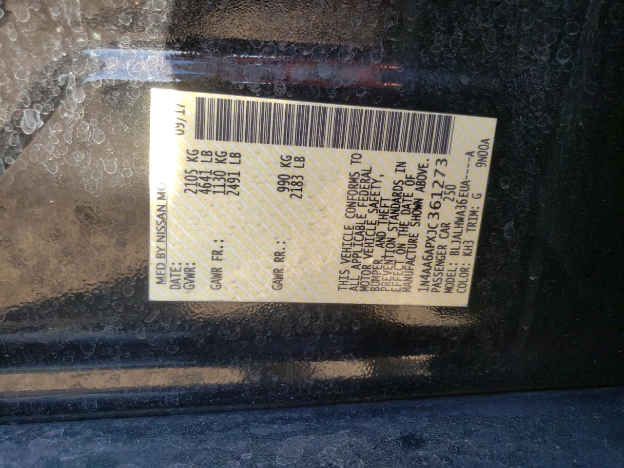 2018 Nissan Maxima VIN 1N4AA6APXJC361273 Copart auction photo, rear end damage thumbnail 12