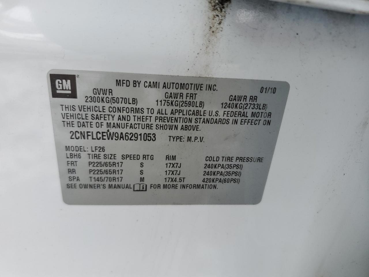 2010 Chevrolet Equinox VIN 2CNFLCEW9A6291053 Copart auction photo, minor dent/scratches damage thumbnail 13