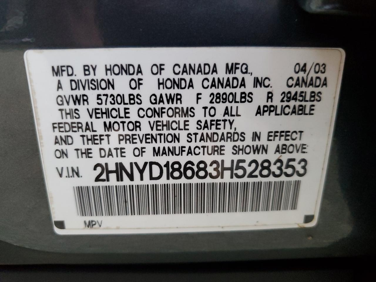 2003 Acura MDX VIN 2HNYD18683H528353 Copart auction photo, water/flood damage thumbnail 14