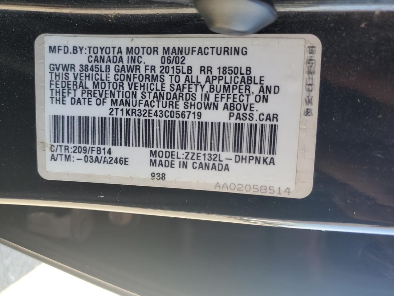 2003 Toyota Corolla VIN 2T1KR32E43C056719 Copart auction photo, front end damage thumbnail 16