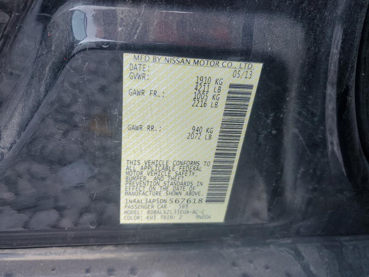 2013 Nissan Altima VIN 1N4AL3AP5DN567618 Copart auction photo, front end / rear end damage thumbnail 13