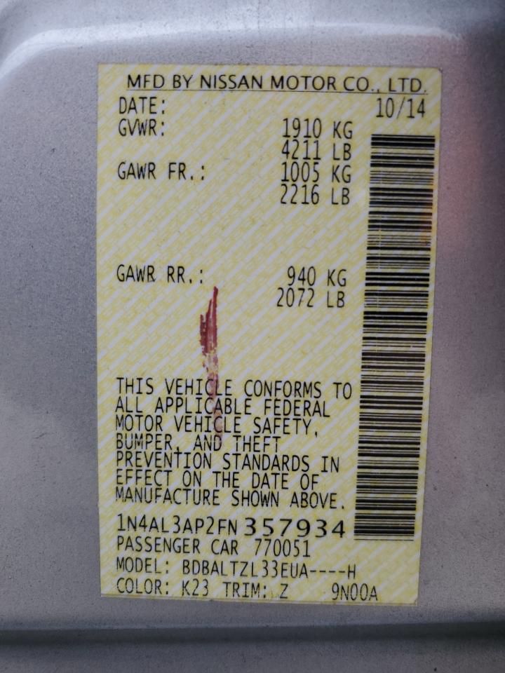 2015 Nissan Altima VIN 1N4AL3AP2FN357934 Copart auction photo, front end / minor dent/scratches damage thumbnail 14