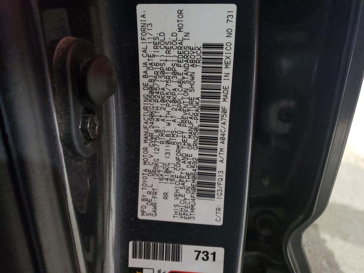 2014 Toyota Tacoma VIN 3TMMU4FN0EM064592 Copart auction photo, front end / side damage thumbnail 13