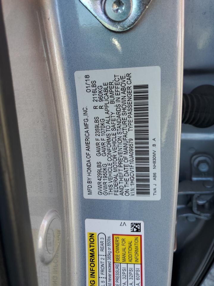 2018 Honda Accord VIN 1HGCV1F10JA099579 Copart auction photo, rear end damage thumbnail 14