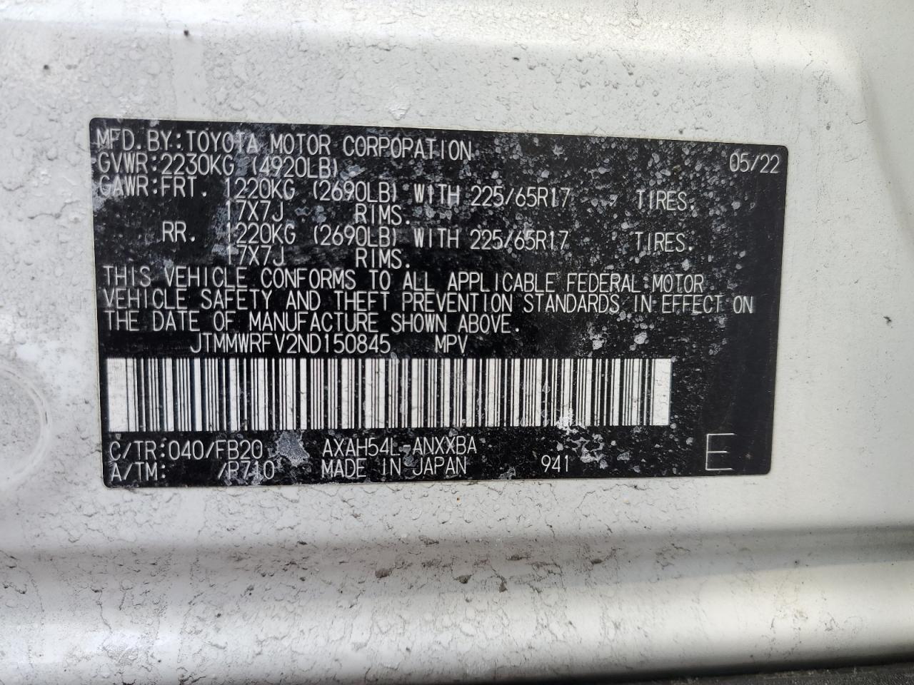 2022 Toyota RAV 4 VIN JTMMWRFV2ND150845 Copart auction photo, rear end / minor dent/scratches damage thumbnail 13