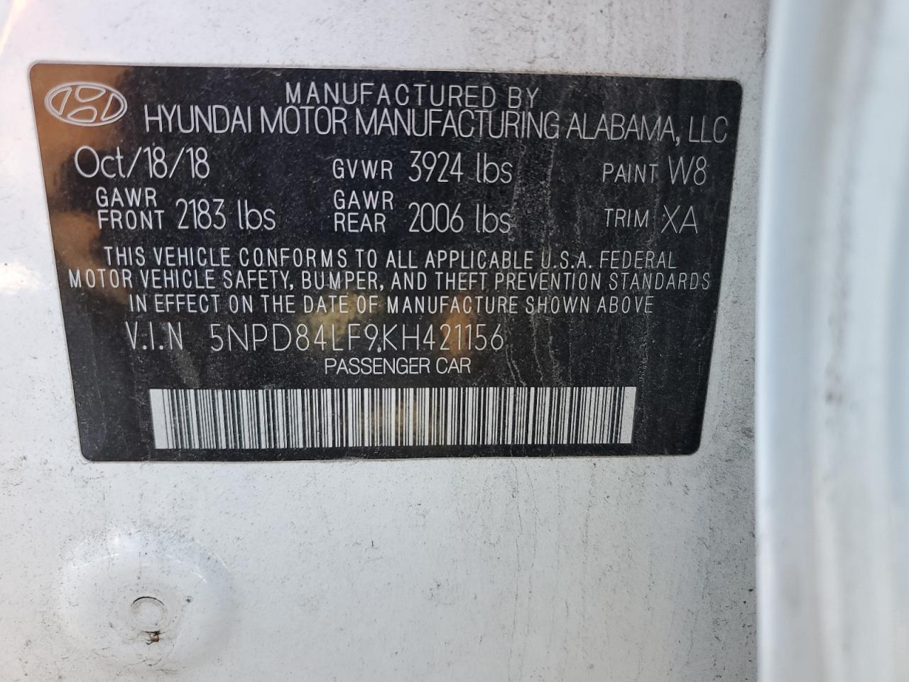 2019 Hyundai Elantra VIN 5NPD84LF9KH421156 Copart auction photo, front end damage thumbnail 12